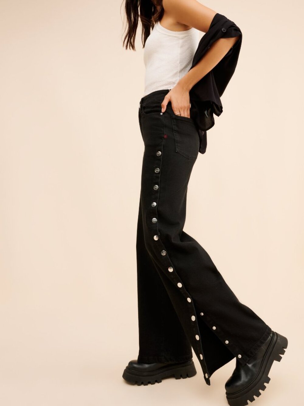 Warp + Weft Snap Out Of It Wide Leg Jeans Side Snaps Black Denim Goth size 27/4